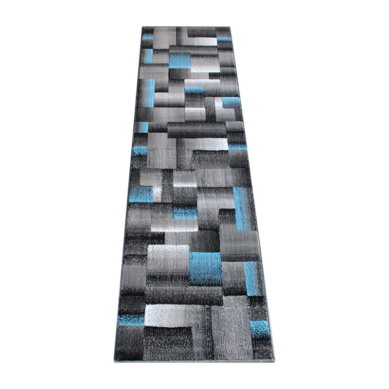Tapis d'intérieur moderne à motif géométrique bleu et gris, Tapis de couloir 2 pi x 7 pi