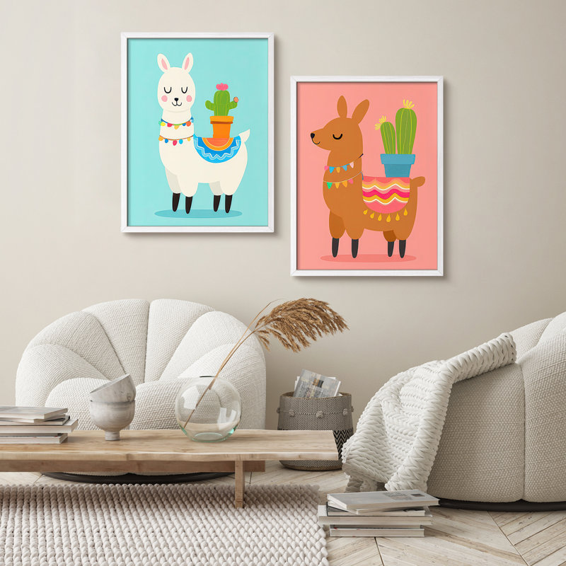 Ensemble de 2 art mural encadré lama et cactus ludique, H 14 po x l 11 po, Blanc
