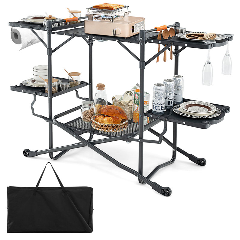Camping Kitchen Table  Folding Outdoor Cooking Station W/ 4 Side Tables Storage Rack