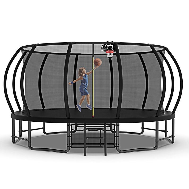 16FT Black Steel Trampoline with Safety Net and Basketball Hoop