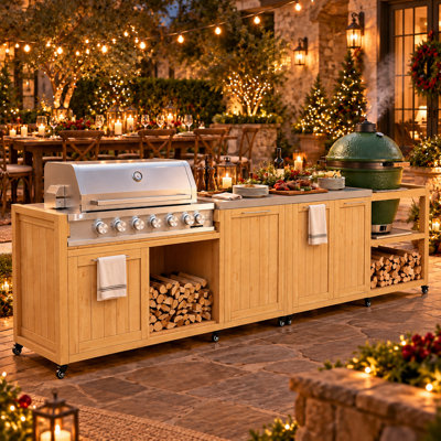 Ensemble d'îlot de cuisine modulaire pour l'extérieur avec table de gril, station de cuisson en bois massif pour gril de 28 à 36 po et gril Kamado, plateau en acier inoxydable 304, comptoir amovible et armoires de rangement