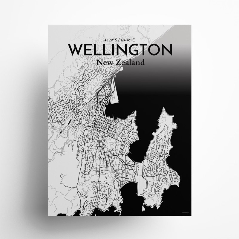 Wellington, carte de la ville, impression, H 24 po x l 18 po, Noir / blanc