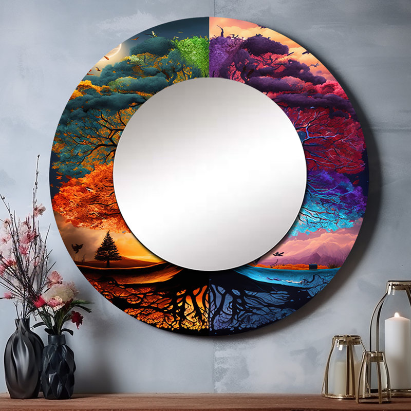 Arbre de vie, jour et nuit II - grand miroir forêt, décor de miroir mural unique rond, impression sur métal, 23 po x 23 po