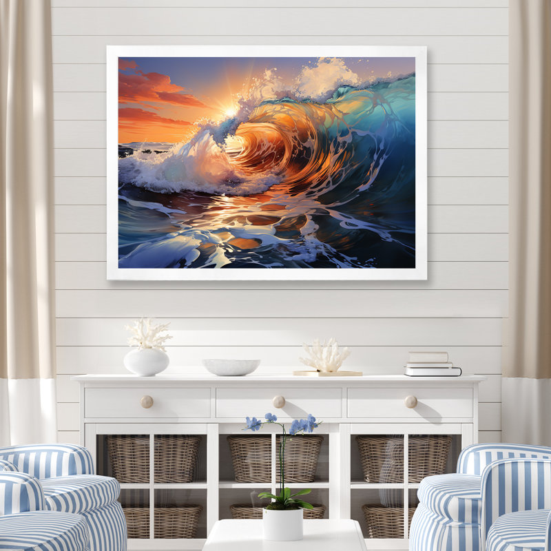 «Blue and Orange Sunrise Waves IV» - art mural vagues côtières, Cadre de coin blanc fermé, H 24 po x l 32 po x P 1 po