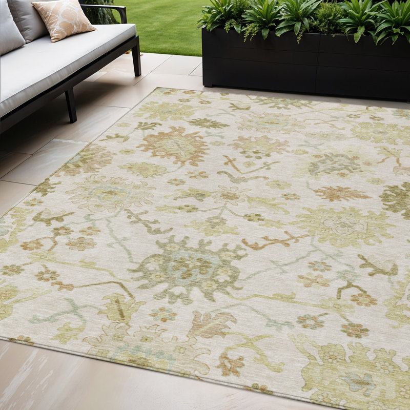 Tapis extérieur lavable floral vert ivoire et brun clair 5 pi x 8 pi