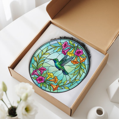 Panneau de vitrail en forme de colibri fleurs H 12 po