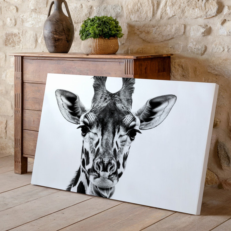 Canvas A Striking Close Up Of A Giraffe S Head Against Wall Art A Stark White Background Showcasing Its Unique Features In High Canvas Wall Art