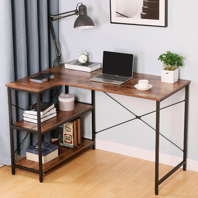 47" L-Shaped Writing Desk with Drawers & 3-Tier Shelves