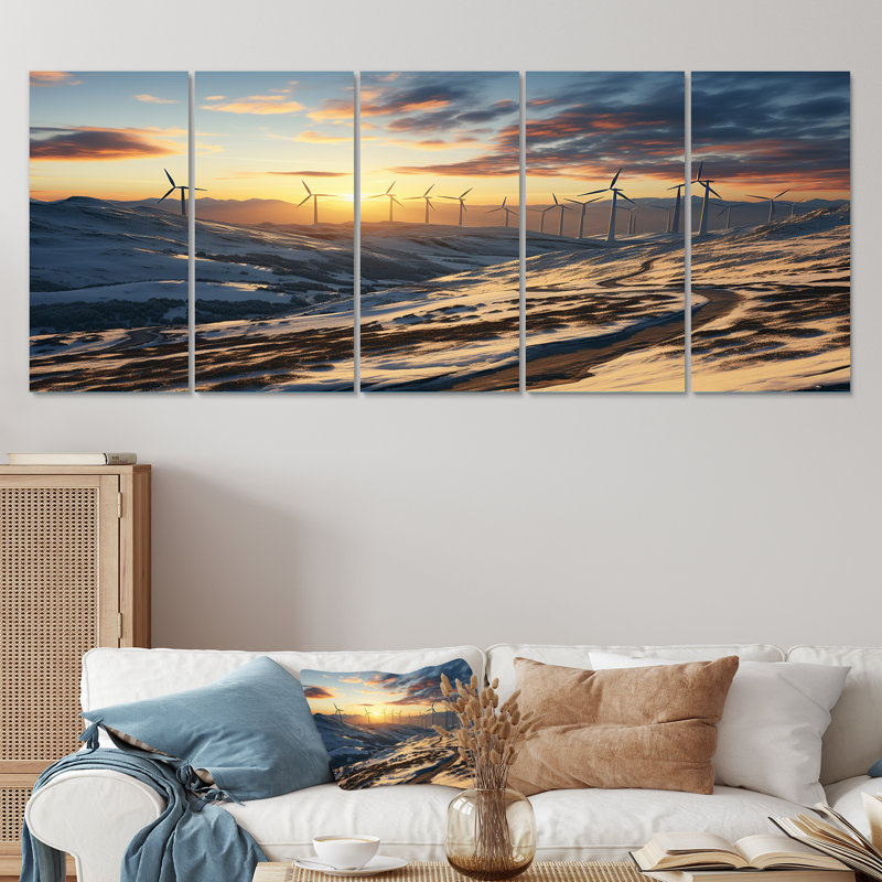 «Sunset Wind Turbines Mountain View III - Wind Turbines», ensemble de 5 pièces d'art mural, H 28 po x l 60 po