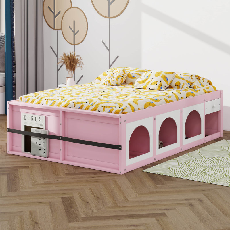 Wooden Platform Bed With Bookshelf, Display Cabinet And Storage Drawer, Multi-Functional Storage Bed, Full, Pink/White