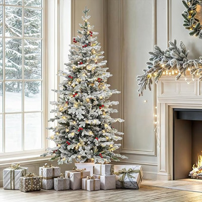 6ft Prelit Snow Flocked Christmas Tree with Remote and Foldable Base
