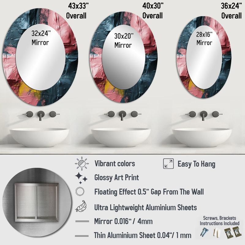 Sicile - Grand miroir mural ovale sur support métallique, 40 po x 30 po