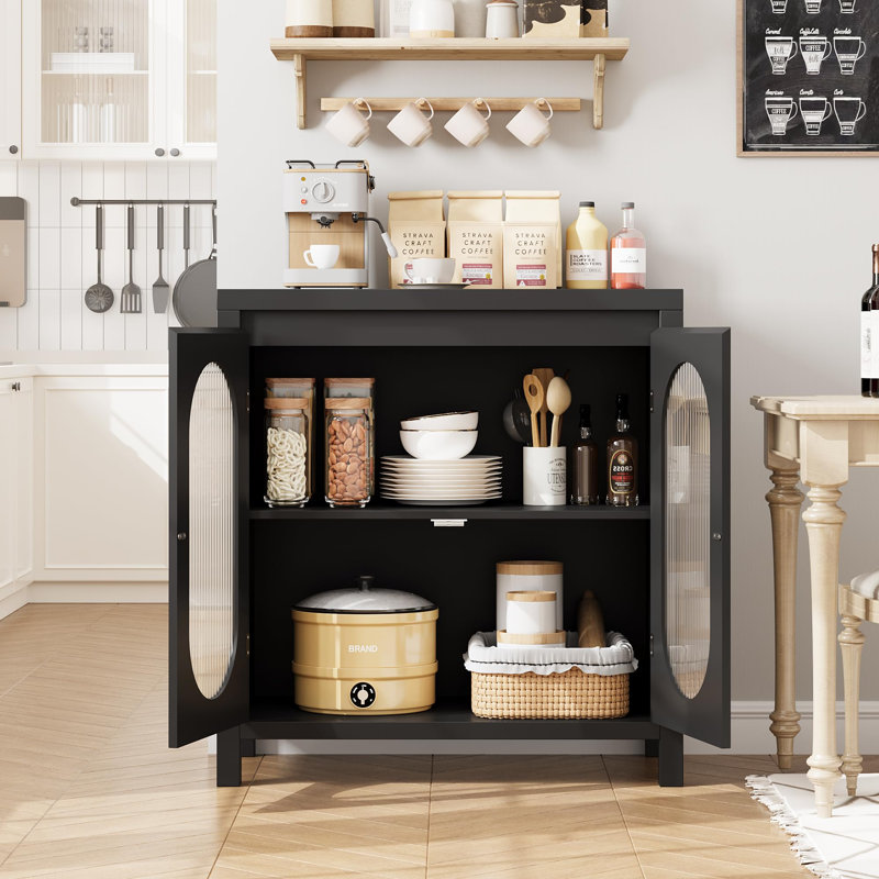 Buffet avec portes en verre cannelé et armoire de rangement réglable avec pieds en bois robustes pour le vestibule du salon