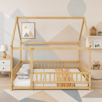 Lit pleine grandeur en bois massif en forme de maison pour transition pour lit de tout-petit avec clôture, sans porte