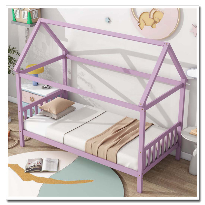 Lit en bois d'hévéa avec tête et pied de lit, Rose