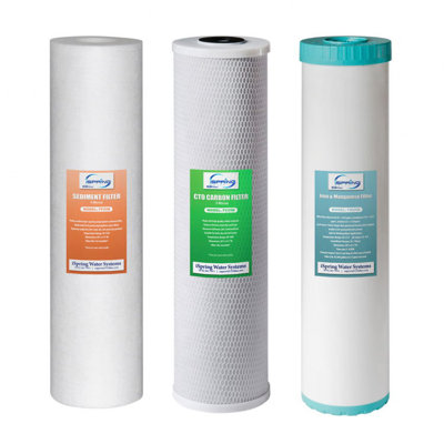 iSpring F3WGB32BM 4,5 po x 20 po, ensemble de remplacement pour filtre à eau pour maison entière à 3 étages - sédiments, bloc de carbone CTO et cartouches de réduction de fer et de manganèse