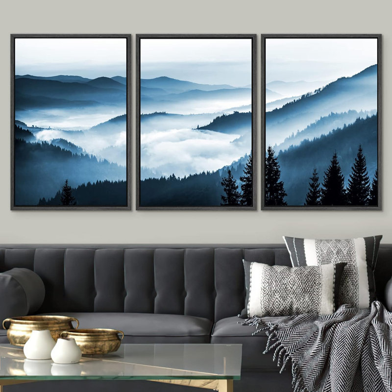"IDÉE4WALL", reproduction d'art sur toile encadrée, ensemble brumeux, bleu, bichromie, chaîne de montagnes, forêt, nature, photographie, moderne, décoration, coloré, rustique, pour le salon, la chambre à coucher, le bureau, reproduction sur toile,