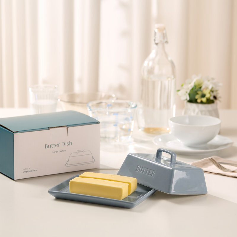  Ceramic Extra Large Butter Dish with Lid, Embossed, Casper Blue