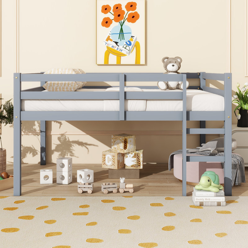 Lit mezzanine double en bois d'hévéa avec échelle, gris, Gris