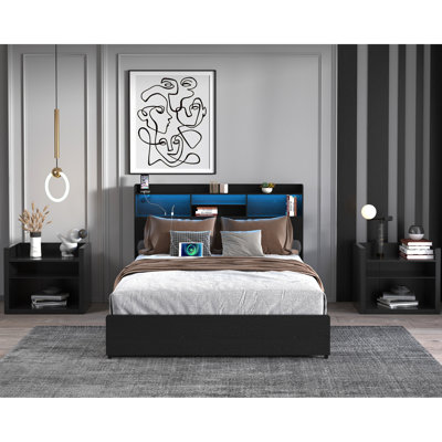 Queen Size Bed Frame With 4 Large Storage Drawers, Fast Charging, And Stable Metal Structure - Black Frame, Headboard, Mute Parts, Bedroom Quiet