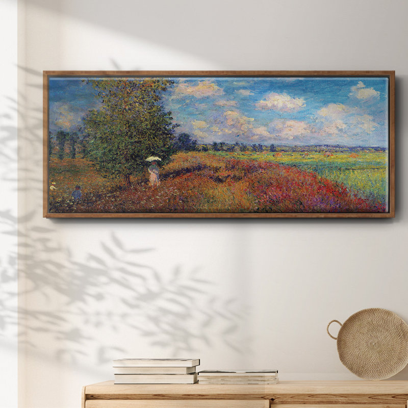 «Poppy Field In Summer» par Monet, peinture sur toile encadrée, H 24 po x l 60 po, Noyer