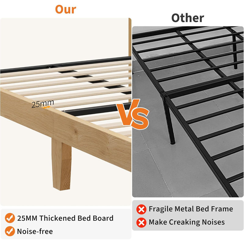 Solid Wood Rattan Platform Bed with LED Light Headboard, Rattan Frame, Twin Size/Oak