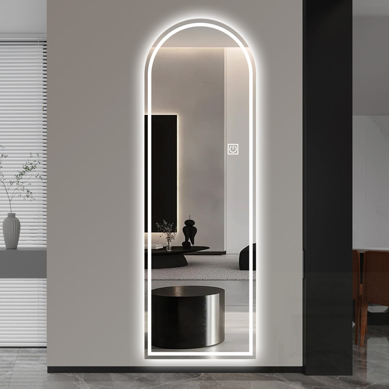 Miroir arqué éclairé pleine longueur avec DEL avant, 3 températures de couleur, intensité variable, fonction de mémoire et contrôle tactile pour les chambres et les placards