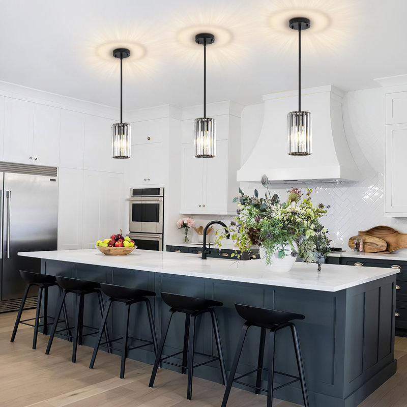 1-Light Modern Crystal Single Pendant Light With Adjustable Height , Matte Black