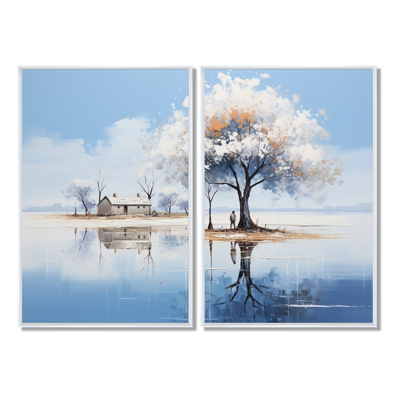 Minimalisme 2 pièces d'art mural bord de mer au bord du lac - rose, H 36 po x l 48 po, Blanc