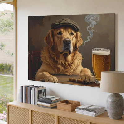 A Sophisticated Painting Of A Golden Retriever Seated At A Small Table With A Pint Of Canvas Wall Art Premium Quality Ready To Hang