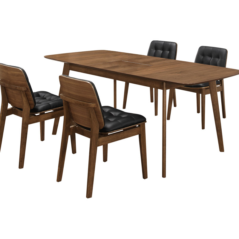 5 tables d'appoint avec finition en noyer naturel, rallonge amovible et confortables chaises d'appoint rembourrées noires pour les rassemblements personnels Table rectangulaire d'inspiration Mid-Century