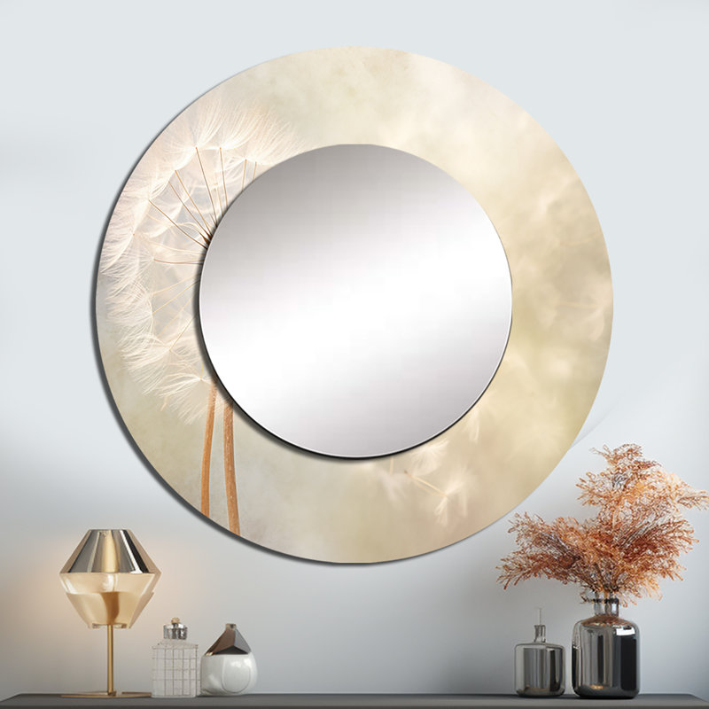 White Dandelion Romantic Impression IV - pissenlit unique miroir, grand miroir mural rond blanc, impression d'art en métal