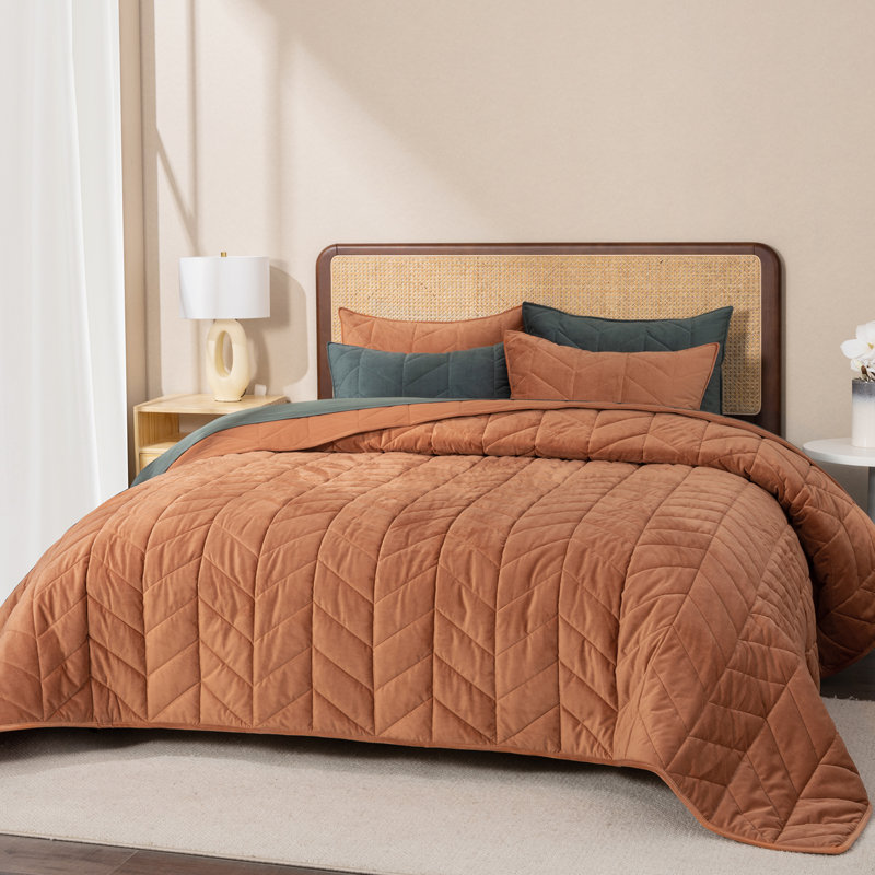 Ultra Soft Velvet Quilt Set, King Quilt + 2 King Shams, Burnt Orange