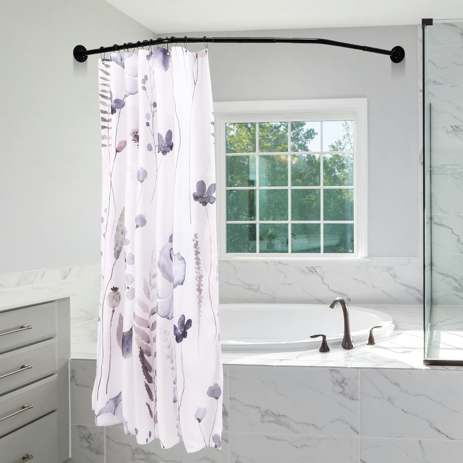 QOLFER Adjustable Black Corner Shower Curtain Rod, 31-45 Inch Diamond Shaped Shower Curtain Rod ...