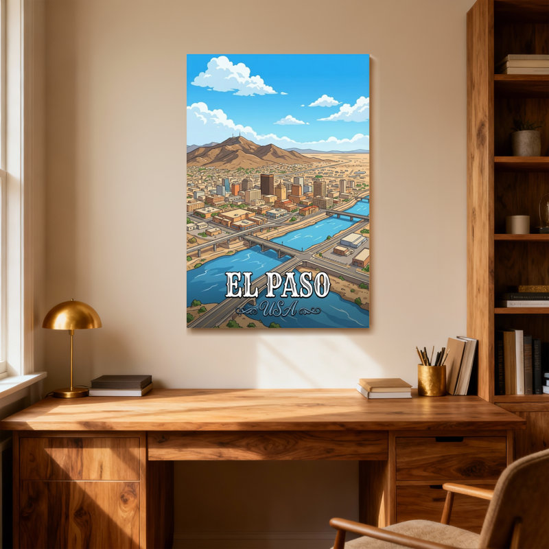 Paysages pittoresques et urbains El Paso avec rivière et montagnes, H 48 po x l 32 po