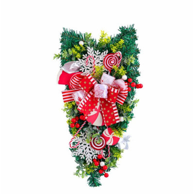 Red and White Bowknot Teardrop Swag, 19" Christmas Swag with Swirl Candy Cane Ball Accents, Holiday Wreath Ornament for Front Door Indoor & Outdoor Use (3-PACK)