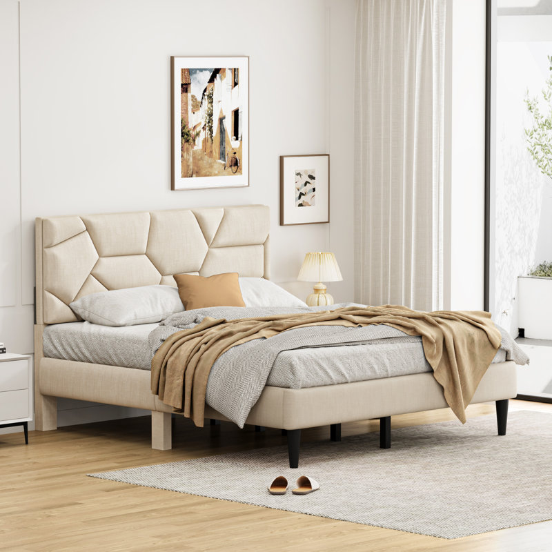 Queen Bed Frame, Linen Storage Headboard, Strong And Stable, No Noise, No Box Spring, Easy To Assemble, Queen