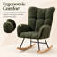 Fauteuil à bascule d'allaitement en tissu doux et confortable effet peluche, avec dossier à oreilles, poche de rangement latérale et base en bois massif, vert foncé.