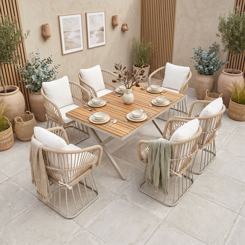 Ensemble de salle à manger 7 pièces pour l'extérieur avec table en bois et 6 fauteuils rembourrés, ensemble de salle à manger de patio avec structure en acier