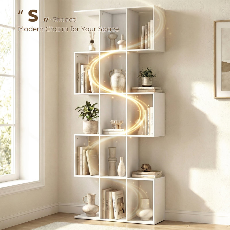 5-Tier Bookshelf, S Shaped Geometric Bookcase, Oak, White