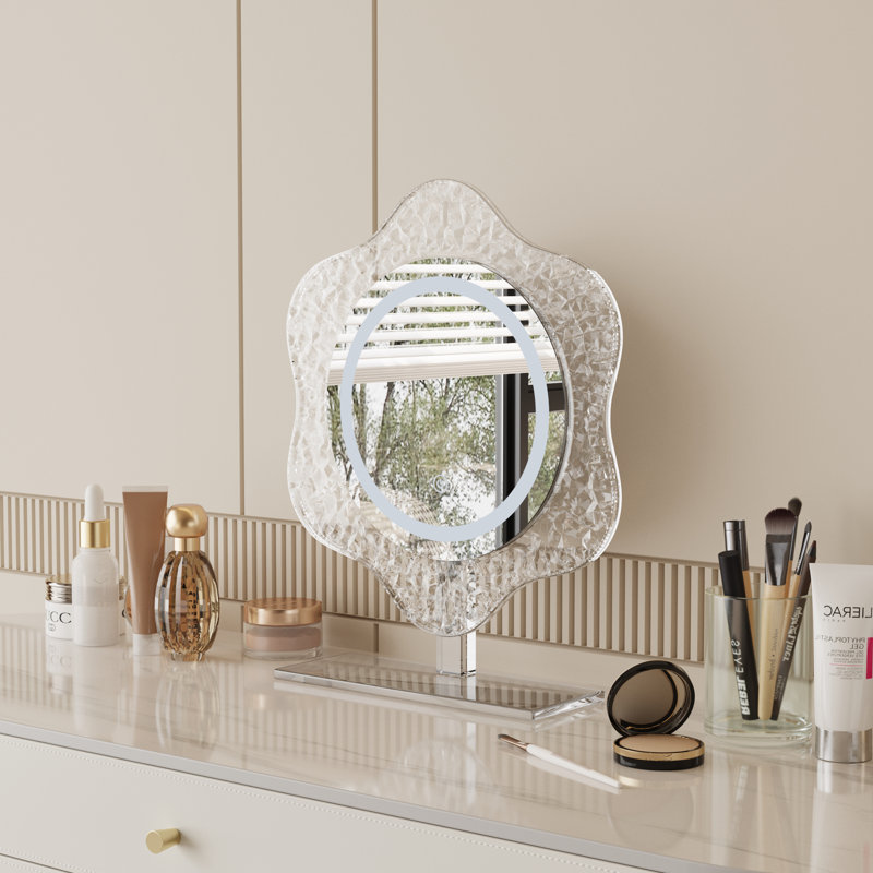 LED Lighted Vanity Mirror with 3 Color Temperatures (Cool/Natural/Warm), Touch Control Stepless Dimming, Eye-Caring Soft Light, Flower-Shaped Frame & Acrylic Base, HD Clear Mirror