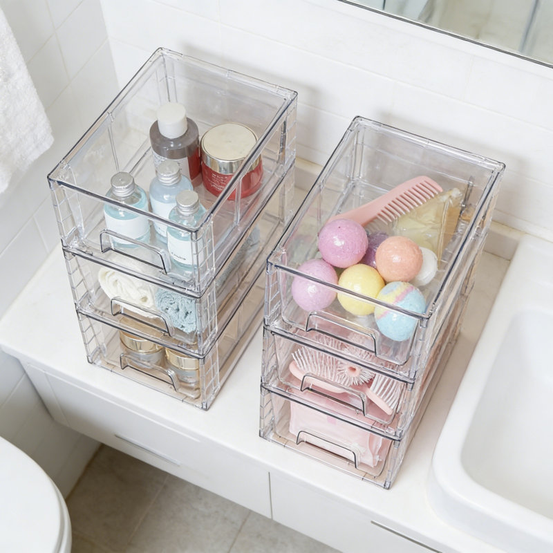8 Pack Stackable Storage Drawers, Clear Acrylic Drawer Organizers With Handles, Containers For Fridge Bathroom Undersink Cabinet Pantry