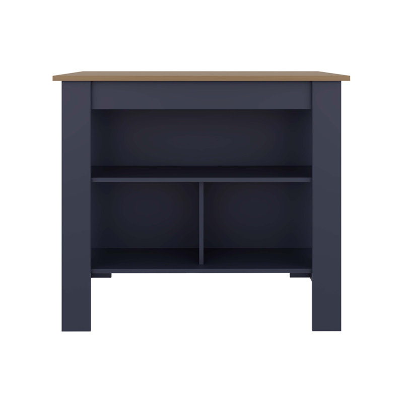 Îlot de cuisine avec trois tablettes ouvertes, une tablette supérieure et quatre pieds, un décor de cuisine moderne et un organisateur