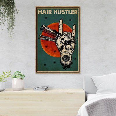 «Hand Hold Comb and Scissors - Hair Hustler», reproduction d'art graphique sur toile tendue