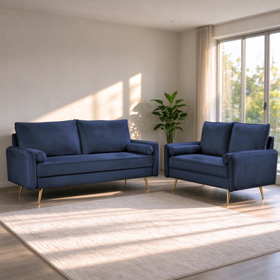 2-Piece Matching Velvet Sofa Set with Nailhead Trim and Gold Metal Legs, Modern Upholstered Sofa and Loveseat Combo for Living Room, Dark Blue