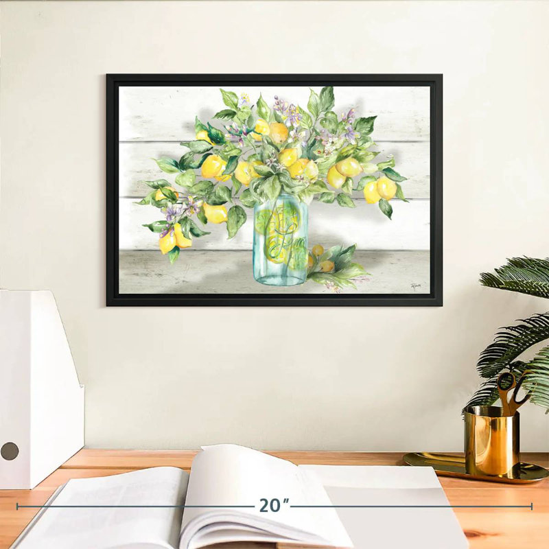 Aquarelle de citrons dans un pot Mason, 13 po x 9 po, Cadre flottant noir