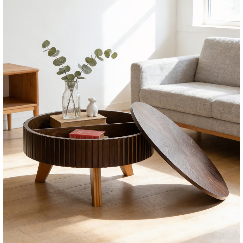 Table basse ronde avec espace de rangement, Brun / Naturel, H 15,7 po x L 31,5 po x L 31,5 po