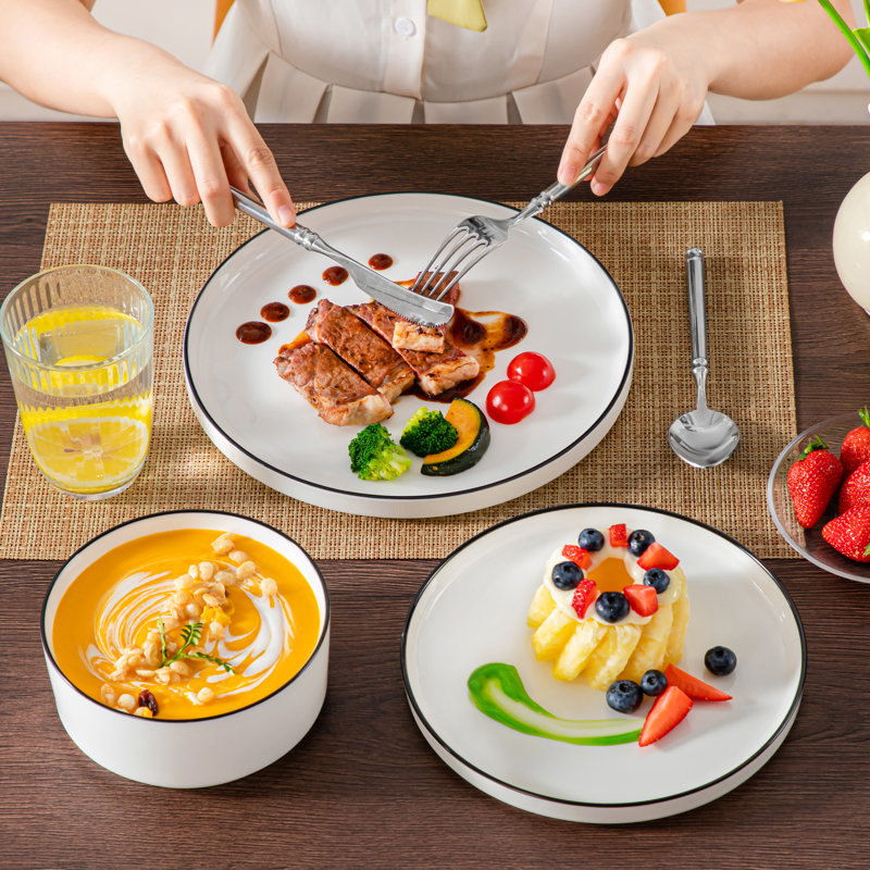 12-Piecee Porcelain Dinnerware Set, Dinner Plate, Dessert Plate And Bowl Set For 4 Person, Plain White, Black/White