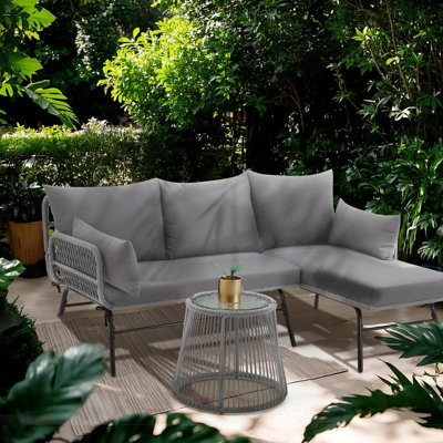  Outdoor L-Shaped Patio Rattan Furniture Set, 3-Piece Conversation Set