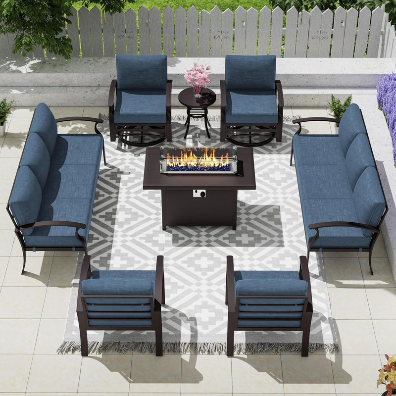 Ilonka 10-Person Outdoor Patio  Furniture Aluminum Conversation Set Swivel&Glider Armchair With LP Fire Pit Table, Navy